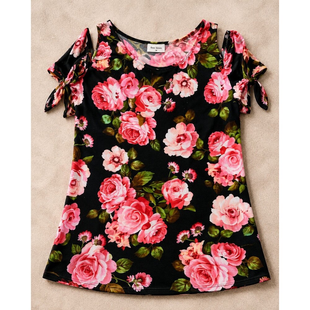 Y2K Floral Cold Shoulder Top Womens Medium Rose Print Coquette Fairy Grunge USA